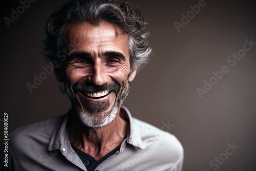 senior mature adult man with gray hair and gray beard smiling and looking forward, portrait closeup, plain shirt, Generative AI © wetzkaz