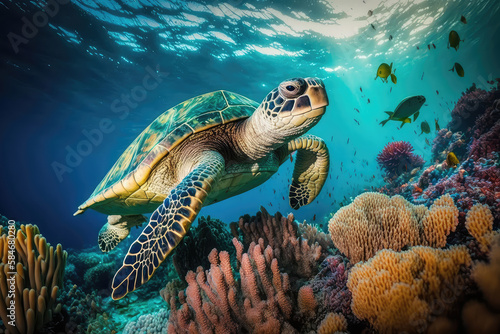 Fototapeta Naklejka Na Ścianę i Meble -  Image for 3d water floor. Underwater world. Turtle. corals. (ai generated)