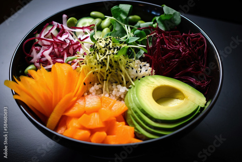 Un tazón vibrante lleno de alimentos nutritivos: cremosas rodajas de aguacate, zanahorias crujientes, lechuga fresca y una variedad de verduras coloridas, que muestran un compromiso con la salud. photo