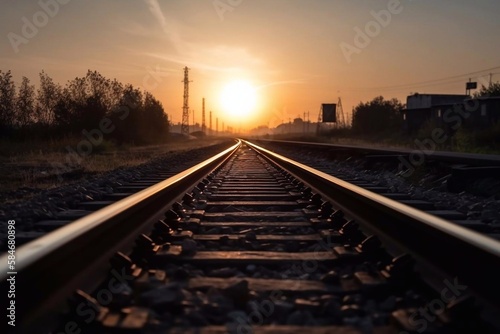 Railroad track during sunset. AI Generated