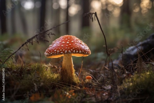 Mushroom amanita in the forest close-up. AI Generated