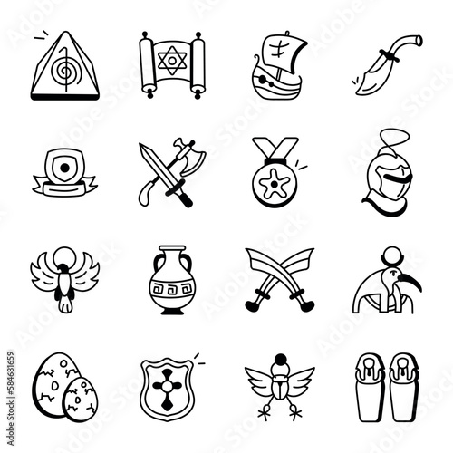 Collection of Historical Equipment Icons in Sketchy Style 

