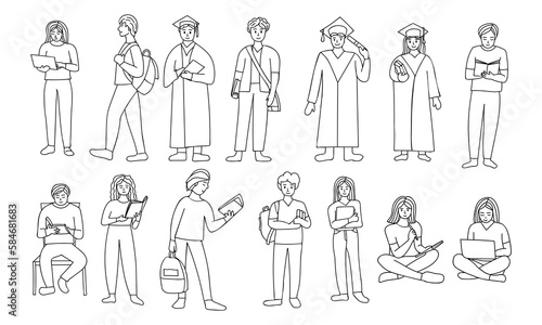 Different poses adult students doodle icons collection. Hand drawn illustrations of young man and woman student characters in vector