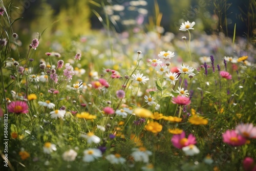 A lawn with beautiful wildflowers. AI Generated