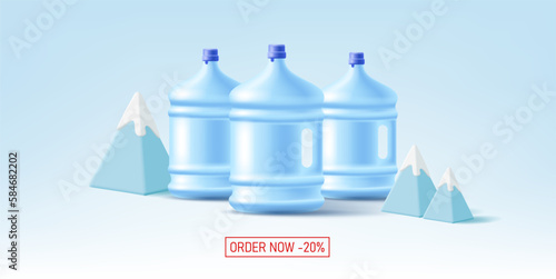 large 3D jars with a pen and water, pyramidal mountains with snow. Discounts on the order and delivery of ecologically clean water. Image on a light blue background.