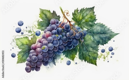 drawn blue grape on white background watercolor fruit organic food illustrations Generative AI