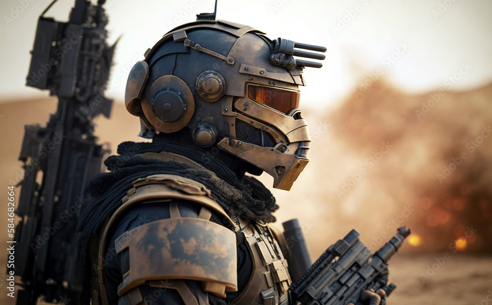 soldier in combat gear or a robot with artificial intelligence, combat suit, war zone and war weapon, fictional location, Generative AI soldier in combat gear or a robot with artificial intelligence, combat suit, war zone and war weapon, fictional location, Generative AI
