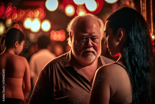 an older man in a summer shirt looks greedily at a prostitute in the red light district in a strip club, fictitious place and people, Generative AI