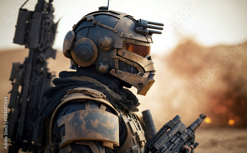 soldier in combat gear or a robot with artificial intelligence, combat suit, war zone and war weapon, fictional location, Generative AI