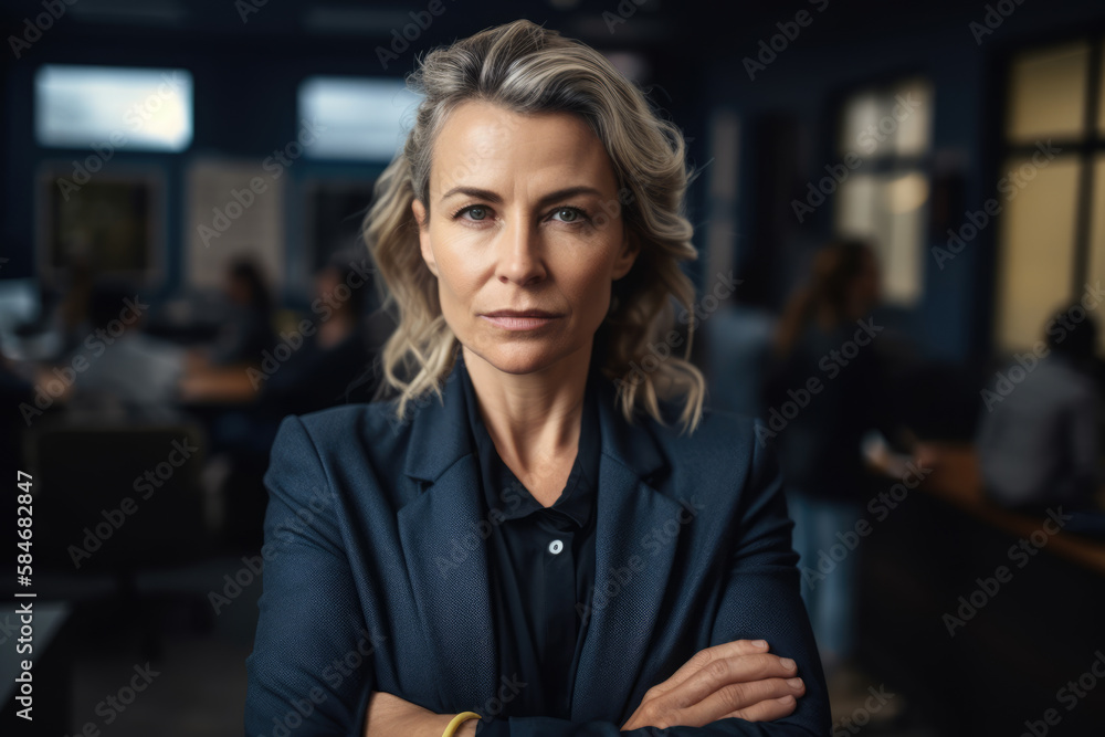 Fototapeta premium Confident executive woman posing in front of the camera with her arms crossed, behind her colleagues working in a modern office. Generative AI