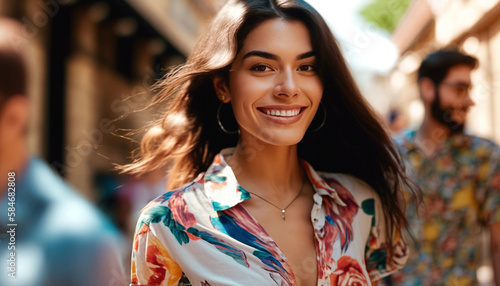 young woman wearing summer shirt, smiling happy with friends on background, sunny day, fictional location, Generative AI photo