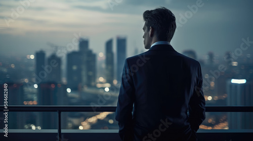 Back view of attractive executive man looking at the city from the moder office balcony. Generative AI © nenetus
