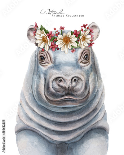 Hippo baby in floral crown. Watercolor hippopotamus portrait. Animal in floral wreath