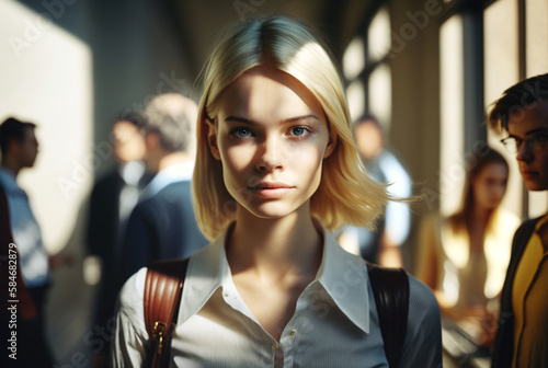young adult woman in a hall  fictional location  Generative AI