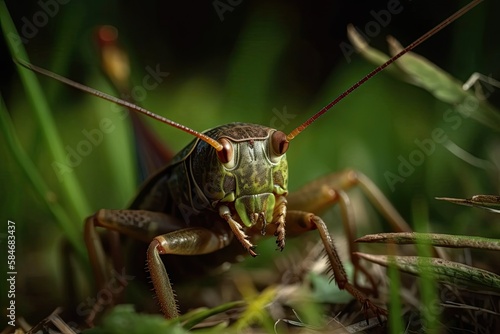 On a blade of grass, a dark bush cricket (Pholidoptera griseoaptera). Generative AI