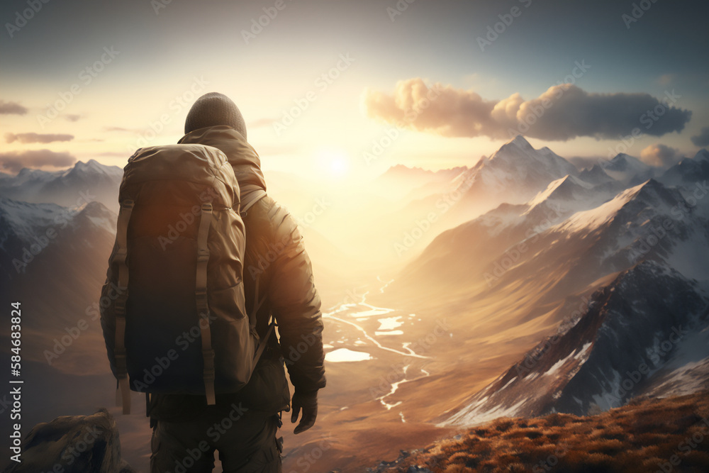 View from back of a mountaineer standing in front of the mountains at sunset in a travel adventurer lifestyle. Generative AI.