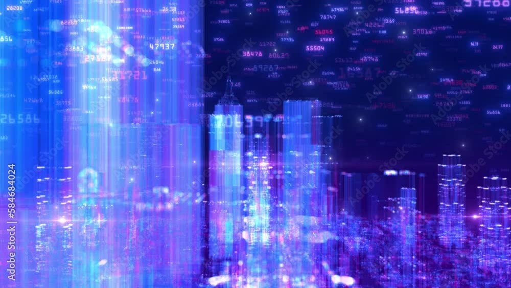 Futuristic Matrix: Seamless Loop Hologram 3D City Rendering with Binary Code Particles Network. Technology and Connection Concept Futuristic Matrix: Seamless Loop Hologram 3D City Rendering with Binary Code Particles Network. Technology and Connection Concept