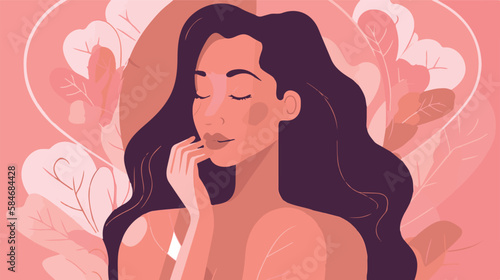 Self-loving woman. Concept of acceptance and confidence. Beautiful, strong attractive lady. Vector art of feminism and self-care. Mental health support. Love and positivity. Healthy mind and body. 