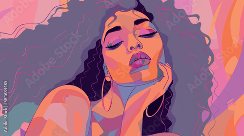 Self-loving woman. Concept of acceptance and confidence. Beautiful, strong attractive lady. Vector art of feminism and self-care. Mental health support. Love and positivity. Healthy mind and body. 