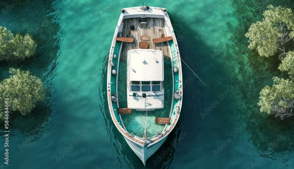 Boat floats on water top view. AI generative.