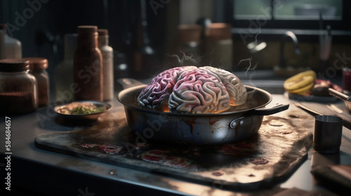 Human brain in a frying pan on the stove. Generative Ai