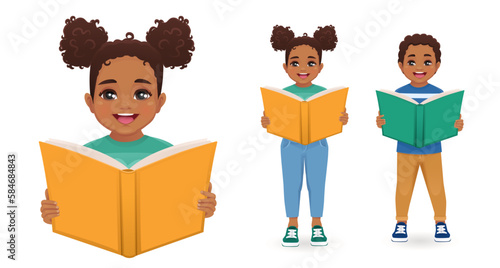 Happy African cute kids boy and girl holding reading open books isolated vector illustration
