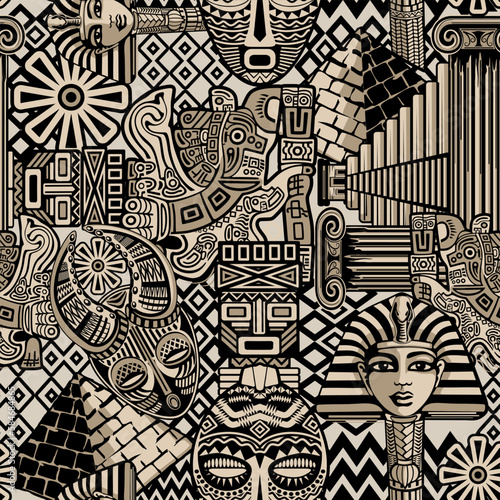 Ancient Symbols and Architecture, Egypt, Greece, Aztecs, Africa, Tribal Figures and Art Vector Seamless Pattern Illustration
