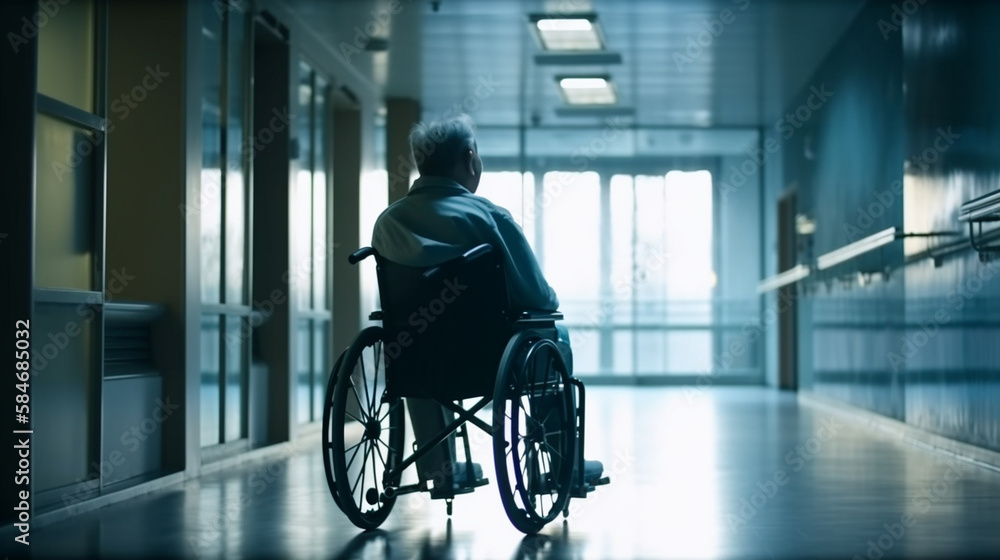 Man in a wheelchair in a hospital corridor. Generative Ai Man in a wheelchair in a hospital corridor. Generative Ai