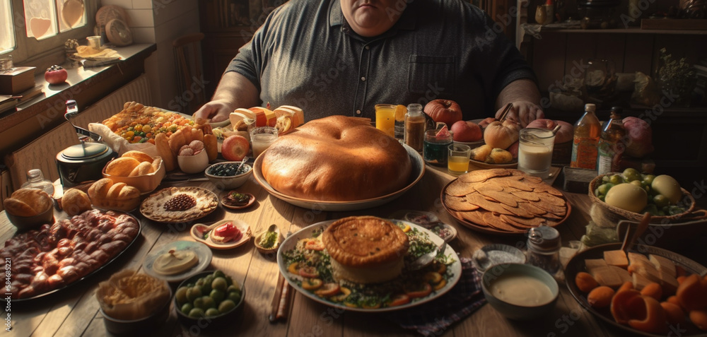 Very fat man and many foods at the table. Overweight. Generative Ai