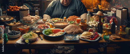 Very fat man and many foods at the table. Overweight. Generative Ai