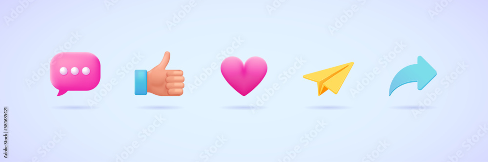 Vector social media 3d icon set: thumbs up, message, comment, send, share and like. Three dimensional vector collection of illustrations. Social network reactions. Vector social media 3d icon set: thumbs up, message, comment, send, share and like. Three dimensional vector collection of illustrations. Social network reactions.