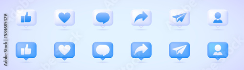 Vector social media 3d icon set: thumbs up, message, comment, send, share, follow and like. Three dimensional vector collection of illustrations in message bubble. Social network buttons.