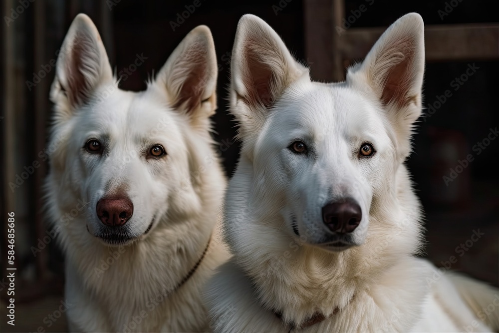White Swiss shepherds and German Shepherds. Generative AI White Swiss shepherds and German Shepherds. Generative AI