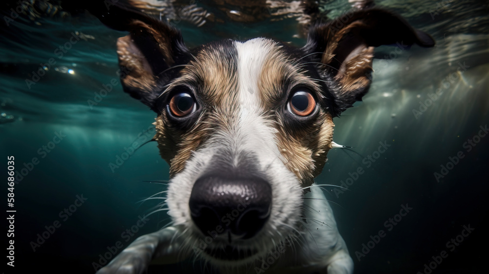 photo closeup wide angle underwater of a dog created with Generative AI technology