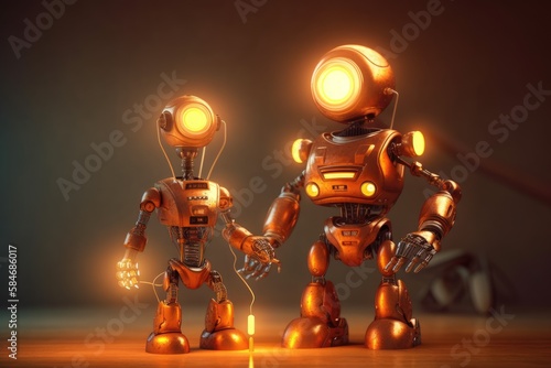 Creative design robotics family. Big robot and small kid with lamp bulb toy. Copy space. Generative AI