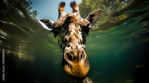 photo closeup wide angle underwater of a giraffe created with Generative AI technology