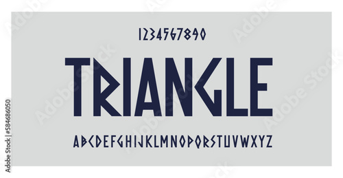 Triangle typography. Retro font for decoration, movies, music, sports, advertising and web design. Abstract vector alphabet. Capital letters and numbers. Ancient style. Creative geometric illustration photo