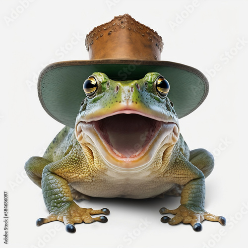 Rana verde con cappello da cowboy su sfondo bianco generata dall'AI photo