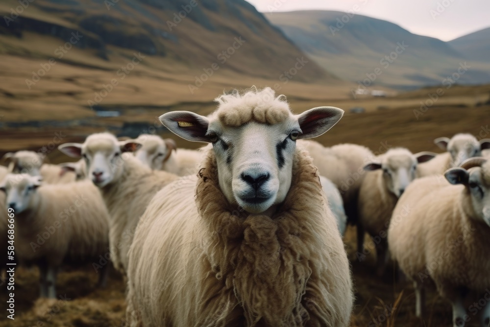 A close up shot of few sheep and rams on some Faroe Islands fields. Generative AI