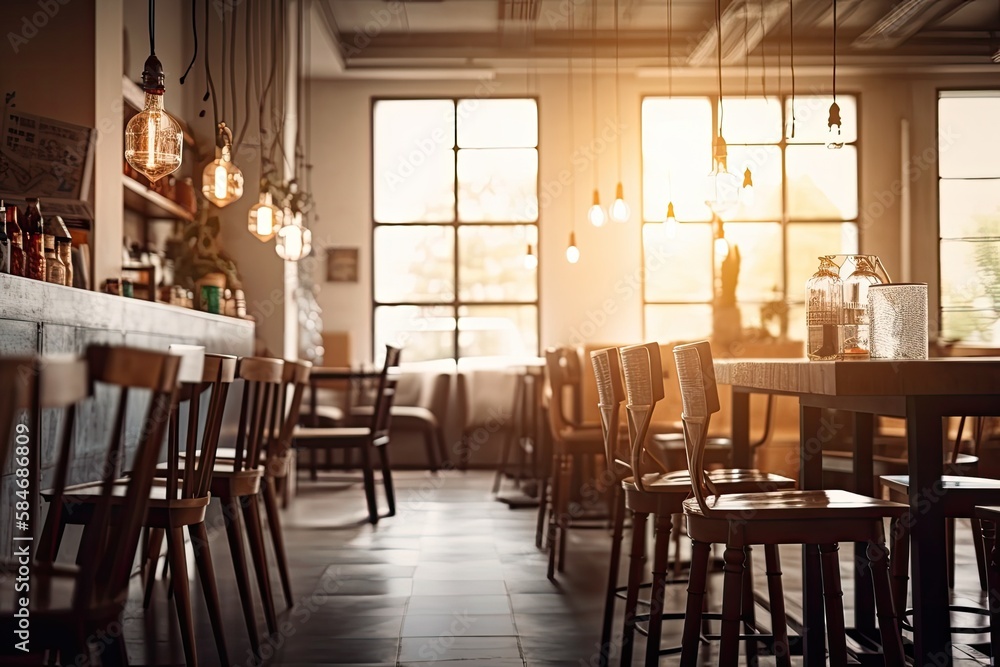 Restaurant interior with light bokeh background and blurred furnishings. Generative AI