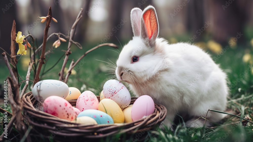 Easter bunny with a basket of eggs. Generative AI Easter bunny with a basket of eggs. Generative AI