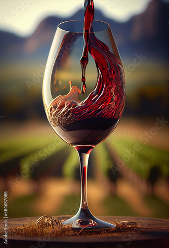 Red Wine Being Poured In The Glass over blurred winegrape field, AI Generated photo
