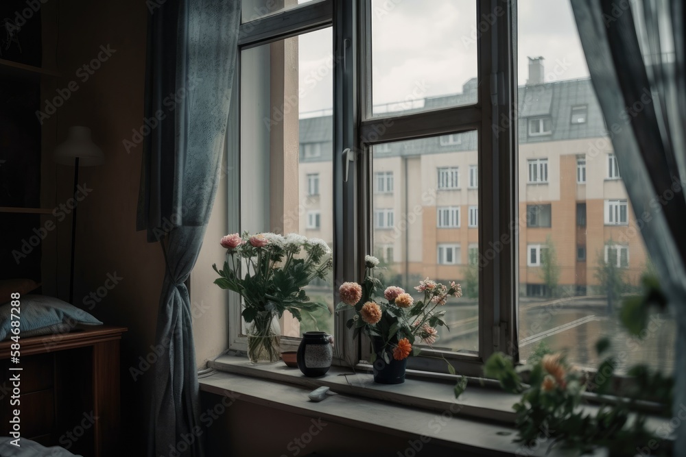 Interior of the middle class apartment in the Kaliningrad city. View through the window. The neighboring house is visible in the window. Artificial flower, keys on the windowsill. Minimalist concept Interior of the middle class apartment in the Kaliningrad city. View through the window. The neighboring house is visible in the window. Artificial flower, keys on the windowsill. Minimalist concept