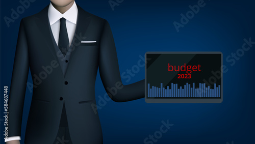 Man Wearing Suit Showing Computer Pad With Budget