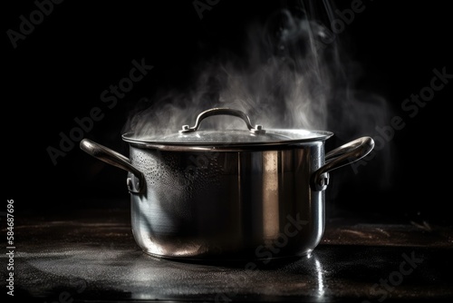 Pot with steam on a dark background. Generative AI