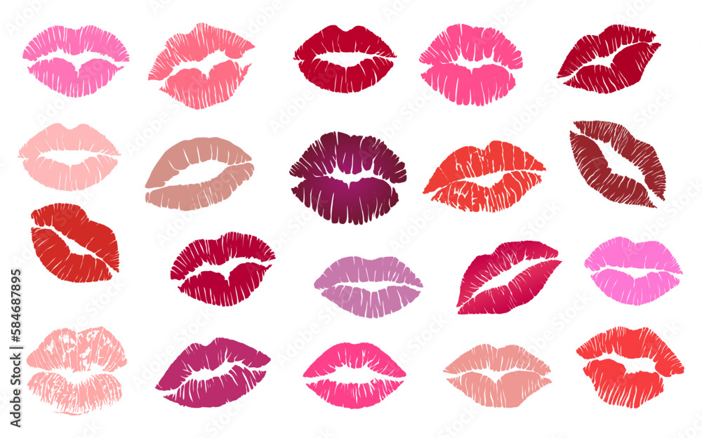 Vecteur Stock Set of Lipstick kiss prints. Red, pink, purple, wine