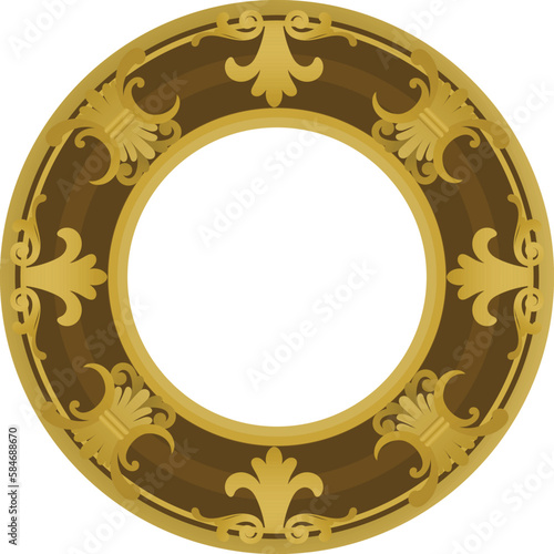 Round ornate wooden frame with gold details on transparent background