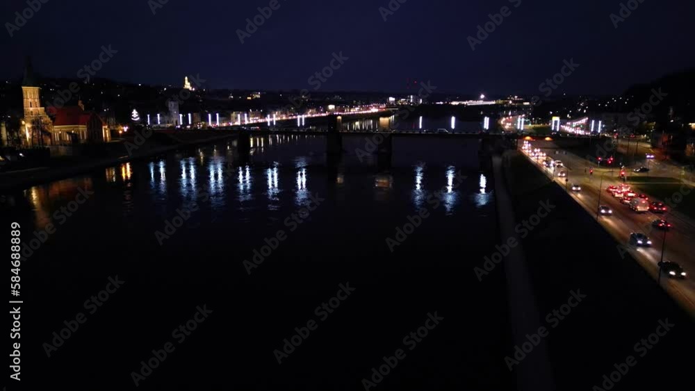 Aerial view of Aleksotas bridge at night in Kaunas city Aerial view of Aleksotas bridge at night in Kaunas city