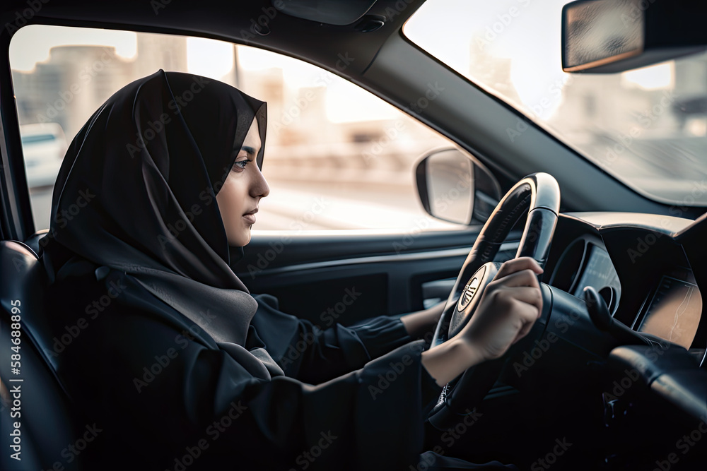 Generative AI Illustration of an Arab woman driving a car. Concept on ...