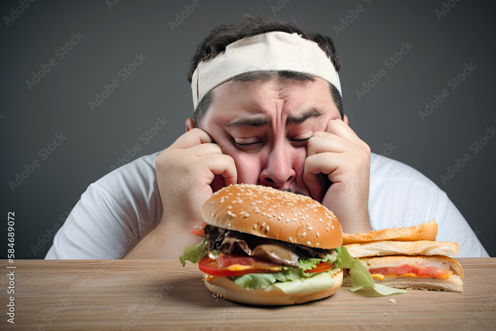 Generative AI Illustration of a depressed obese man in front of a table ...